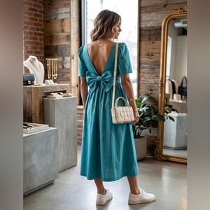 Vintage Laura Ashley US 10 Teal Cotton V-Neck Puff Sleeve Bow Back Dress